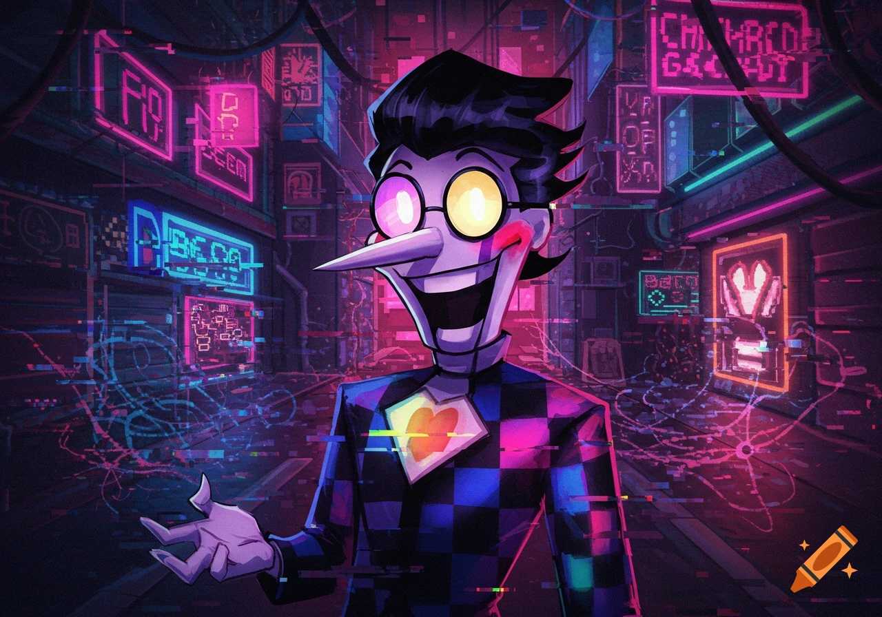 A cartoonish character with a long nose, glasses, and a checkered suit smiles in a glitchy cyberpunk alley with neon signs.