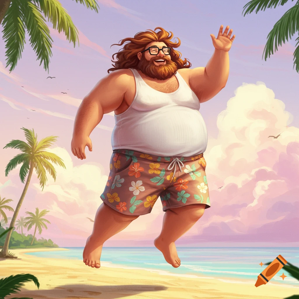 A heavyset man with auburn hair and beard, wearing a white tank top, Hawaiian shorts, and glasses, floats above a sunny beach while smiling and waving.