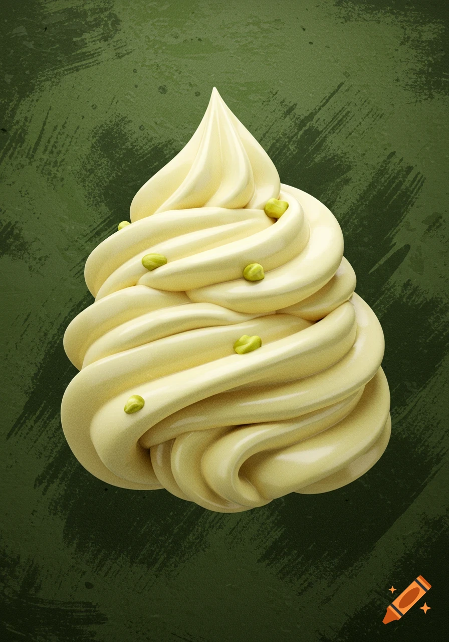 A 3D render of a swirl of light yellow gelato topped with small green pistachios, against a dark green textured background with brushstrokes.