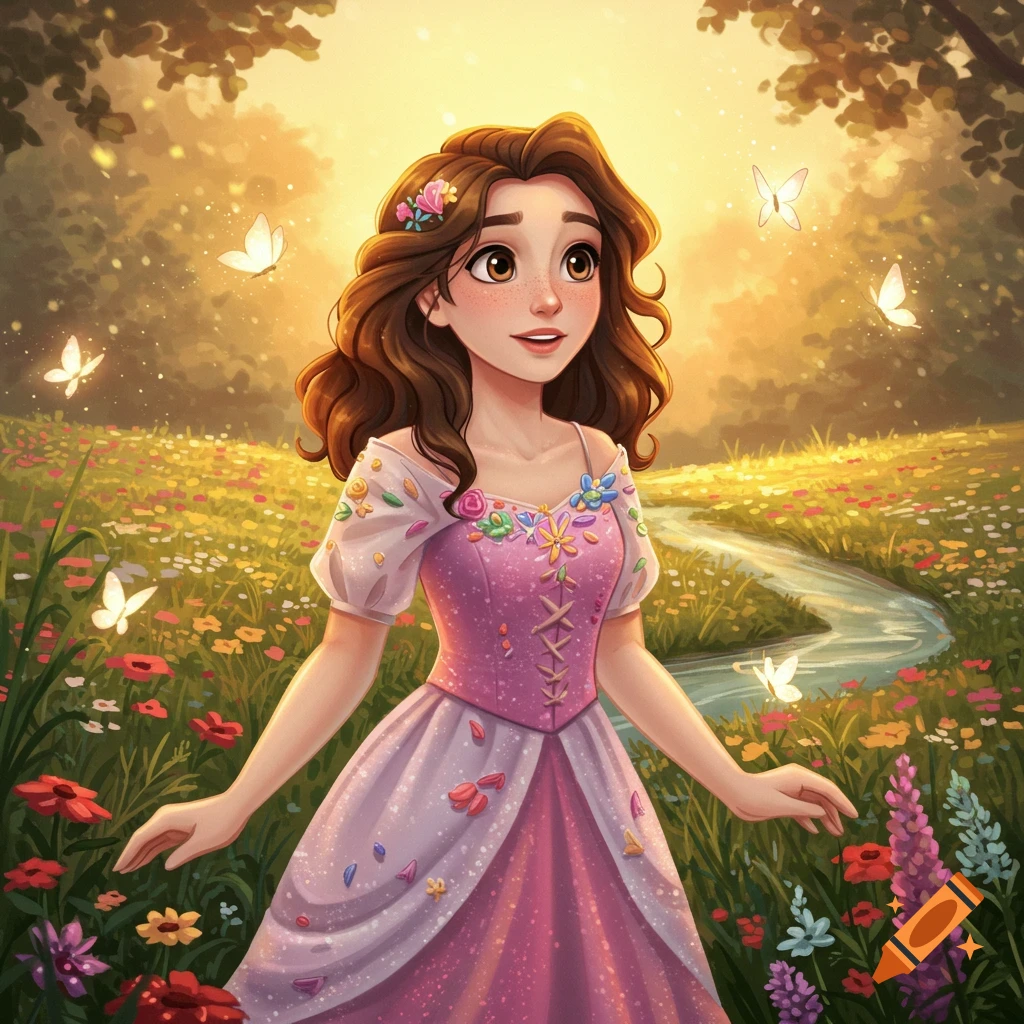 A cartoon princess with brown hair in a pink dress stands in a sunlit meadow among flowers and butterflies, looking up.