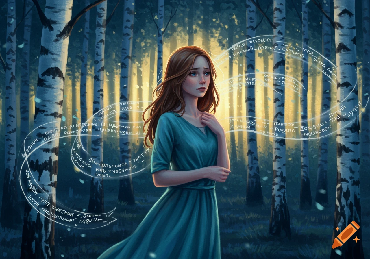 A sad woman in a teal dress stands in a birch forest at sunset, with glowing, swirling text encircling her.