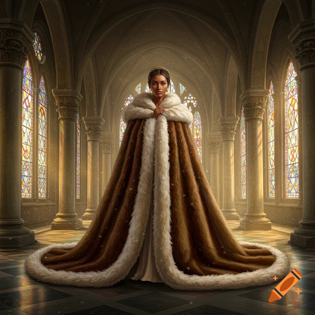 A regal princess in a long, brown fur-lined cloak stands in a grand gothic hall with glowing stained glass windows.