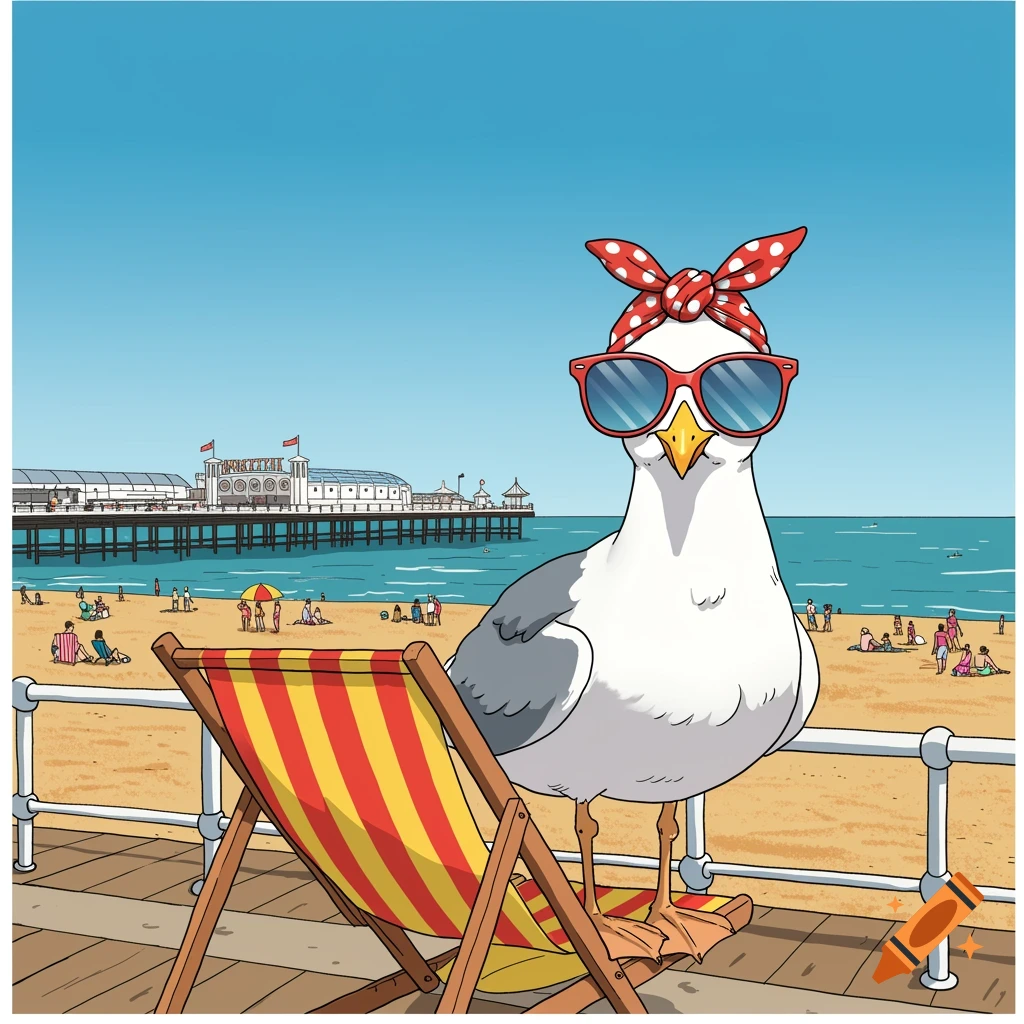 A cartoon seagull wearing sunglasses and a red polka-dot hanky stands on a boardwalk at a sunny beach with a pier in the background.