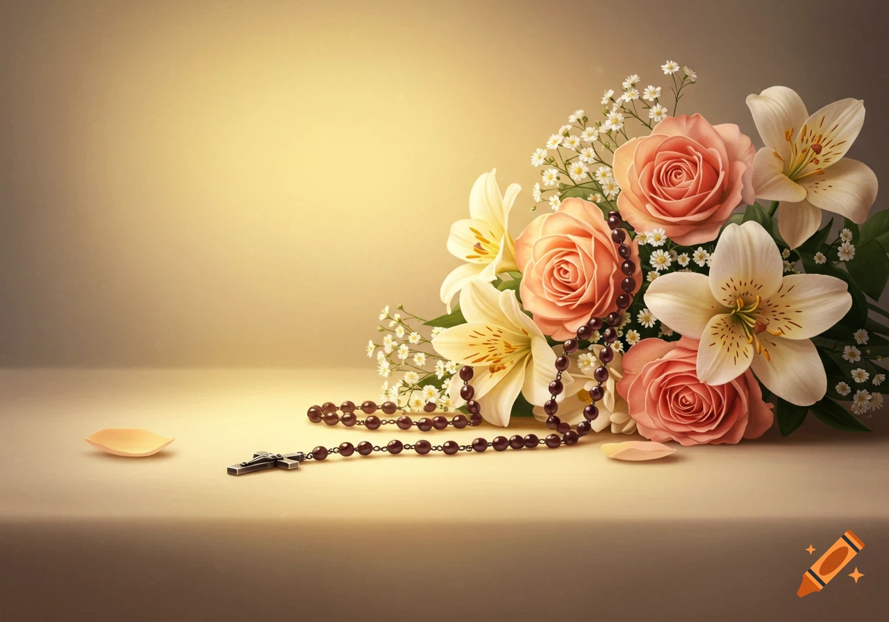 A photorealistic still life with peach roses, white lilies, baby's breath, and a rosary with a cross on a light surface.