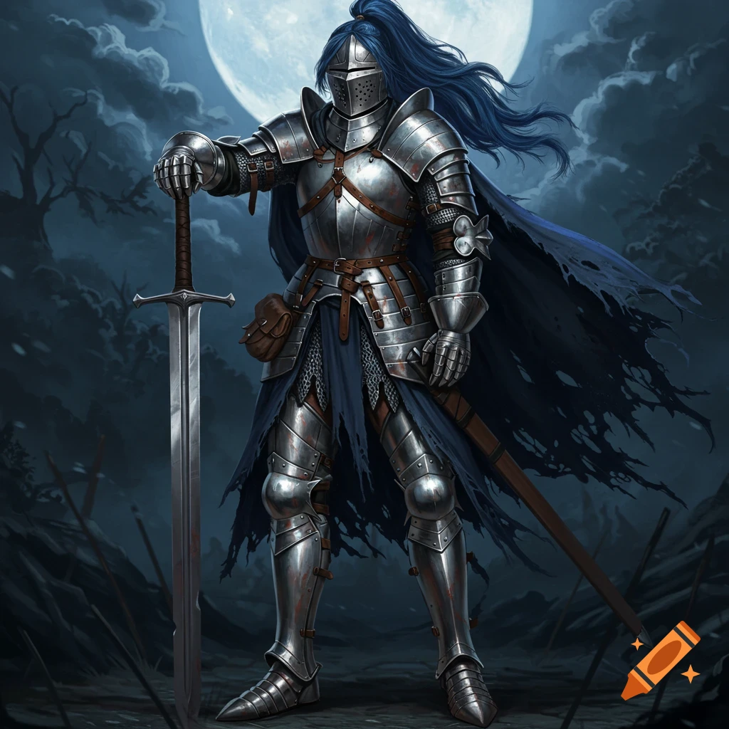 A semi-realistic digital painting of a female knight in gleaming full plate armor with a blue plume, standing under a full moon, resting her hand on a greatsword.
