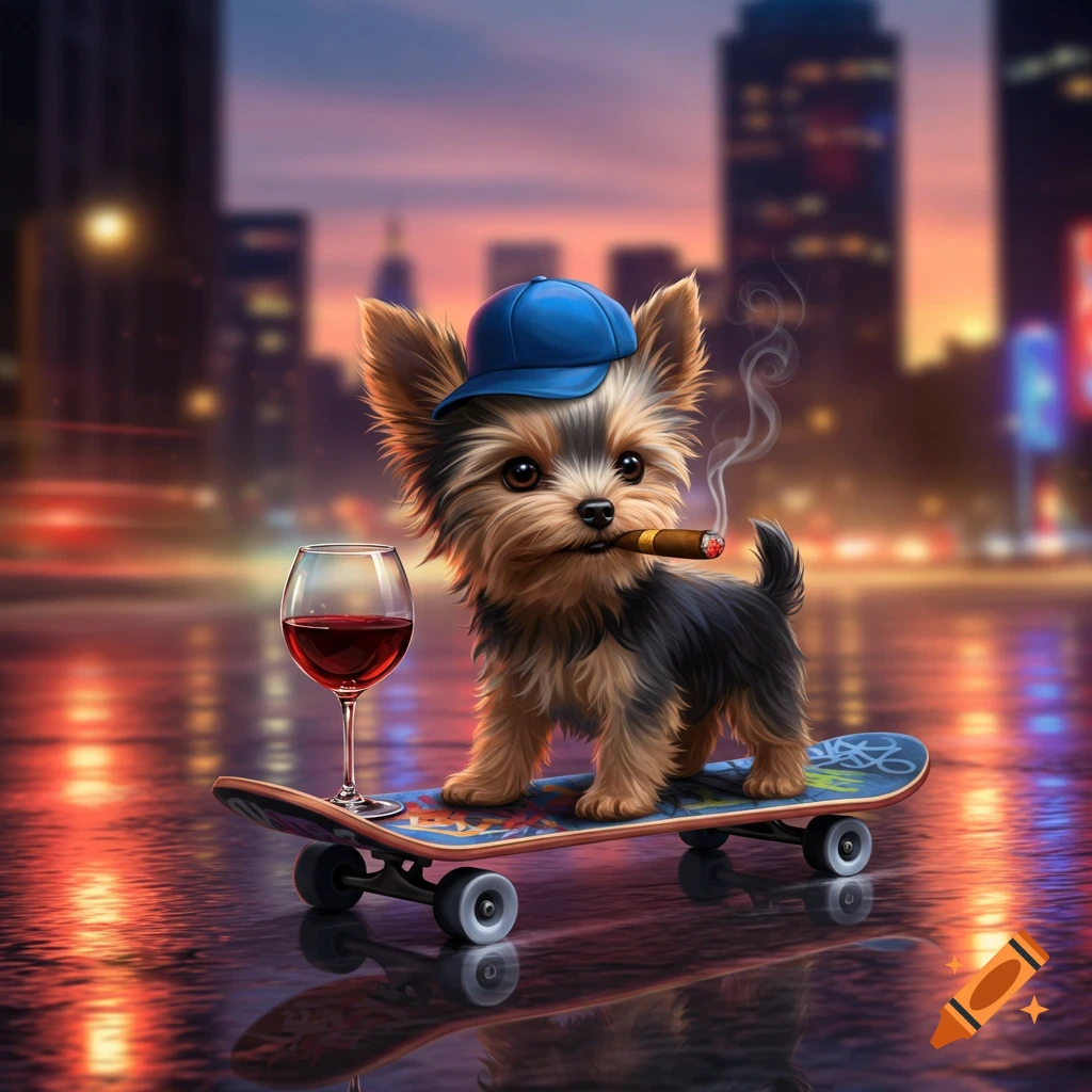 A stylized Yorkie dog wearing a blue cap rides a skateboard, smoking a cigar, with a wine glass, against a city backdrop at dusk.