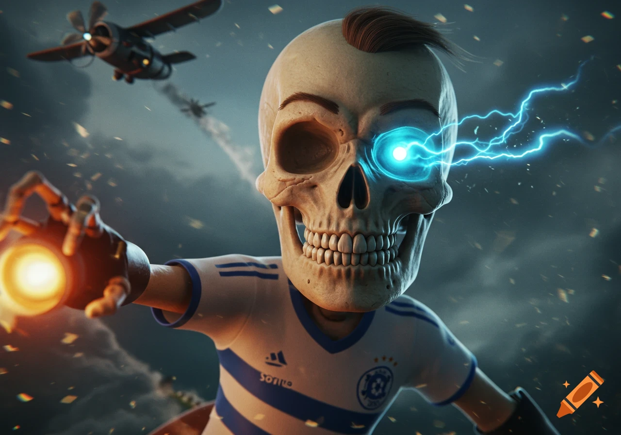 A whimsical 3D render of a mischievous skeleton wearing a soccer jersey, with a glowing blue eye, reaching out. Airplanes fly in the cloudy sky behind.