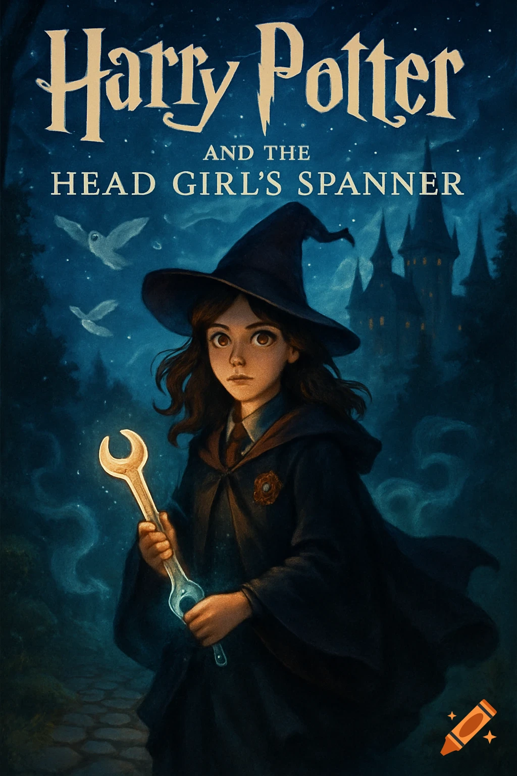 An illustrated book cover shows a young wizard girl holding a glowing spanner under a night sky with a castle and owls.
