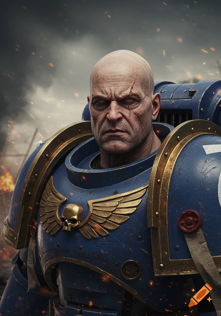 A hyperrealistic portrait of a bald, scarred Ultramarine Space Marine captain in blue and gold power armor, set against a smoky, war-torn battlefield.