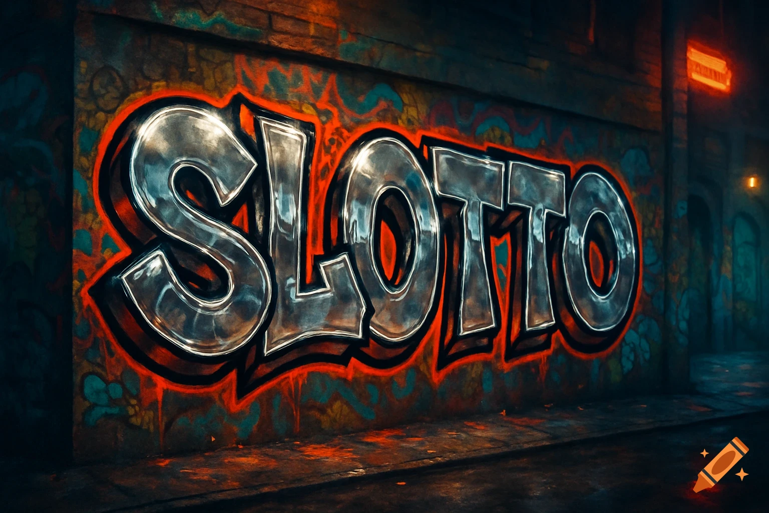 Chrome 'SLOTTO' graffiti with red outline on a dark, textured wall in an urban setting.