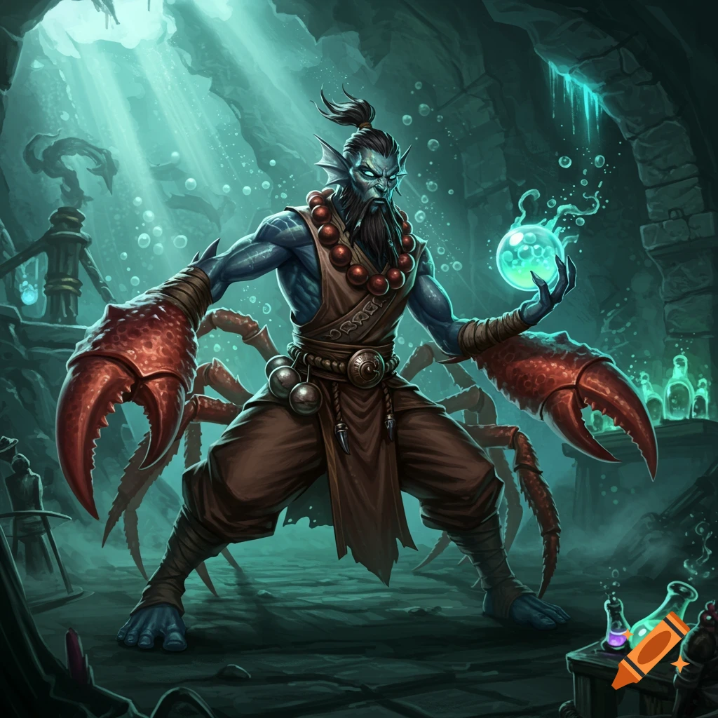 Blue-skinned fantasy character with a beard and crab claws holds a glowing green orb in an underwater cave with potions.