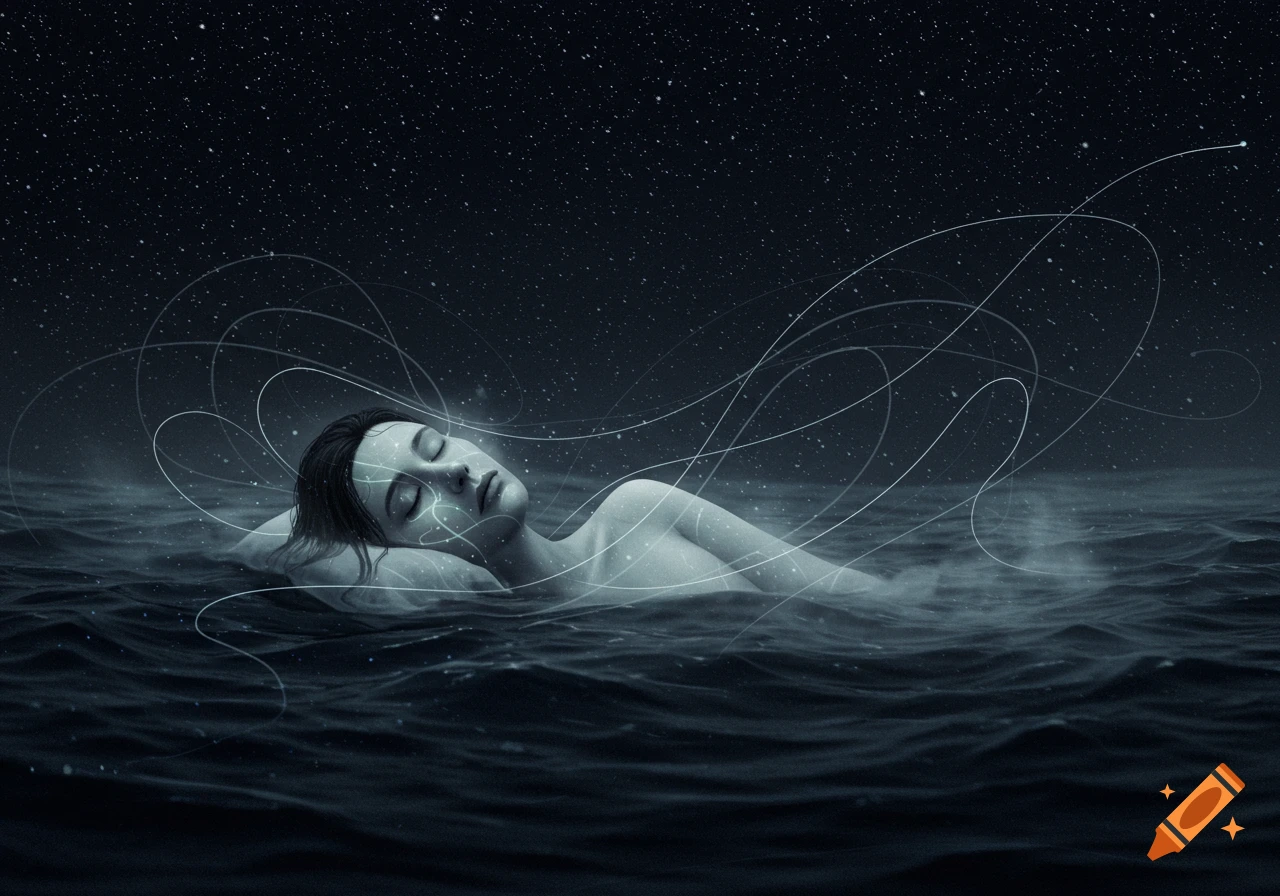 A person floats on their back in dark water under a starry sky, with glowing lines emanating from their head in a dreamlike, surreal scene.