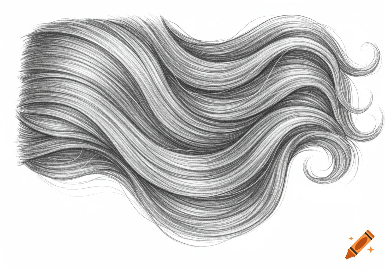 A monochrome pencil drawing of long, flowing wavy hair.