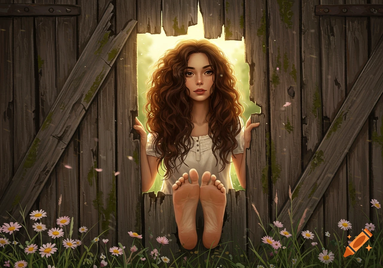A young woman with long curly hair peeks through a broken wooden fence, her bare feet dangling below. Wildflowers bloom in the foreground, and bright light streams from behind her.