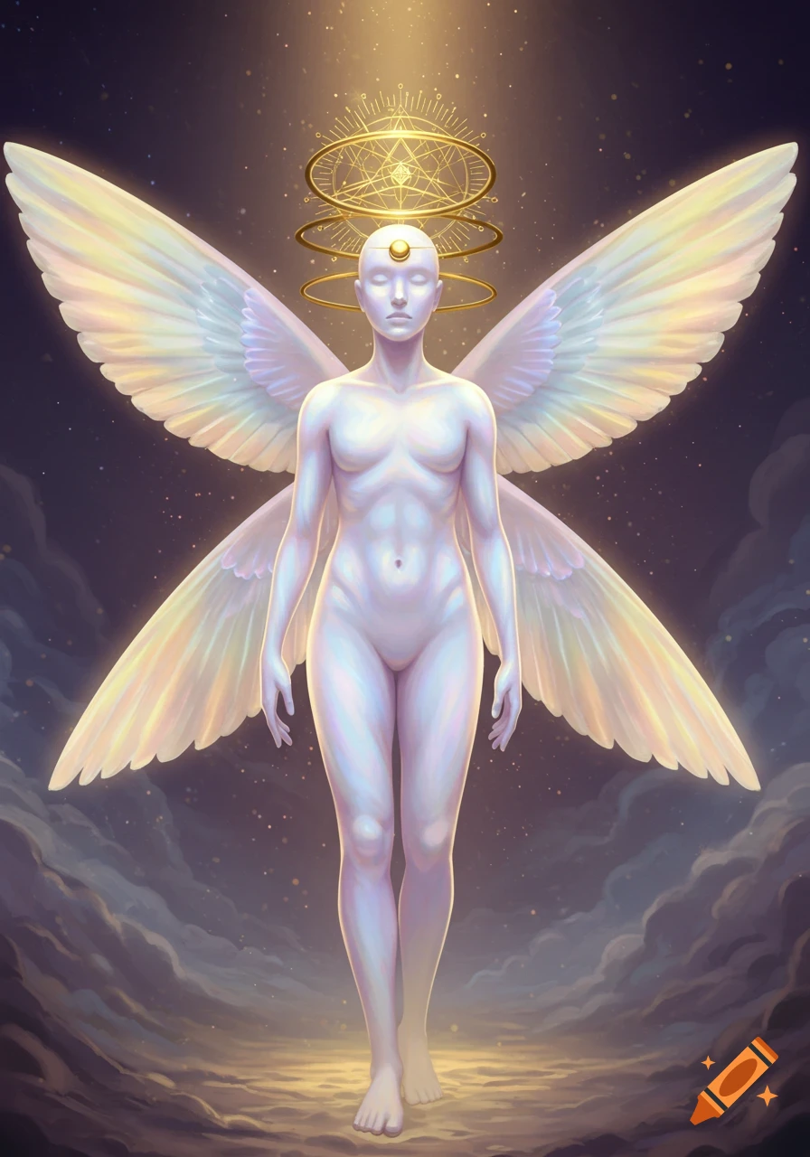 An ethereal, nude, winged humanoid figure with a glowing halo and sacred geometry above its head, standing amidst glowing clouds.