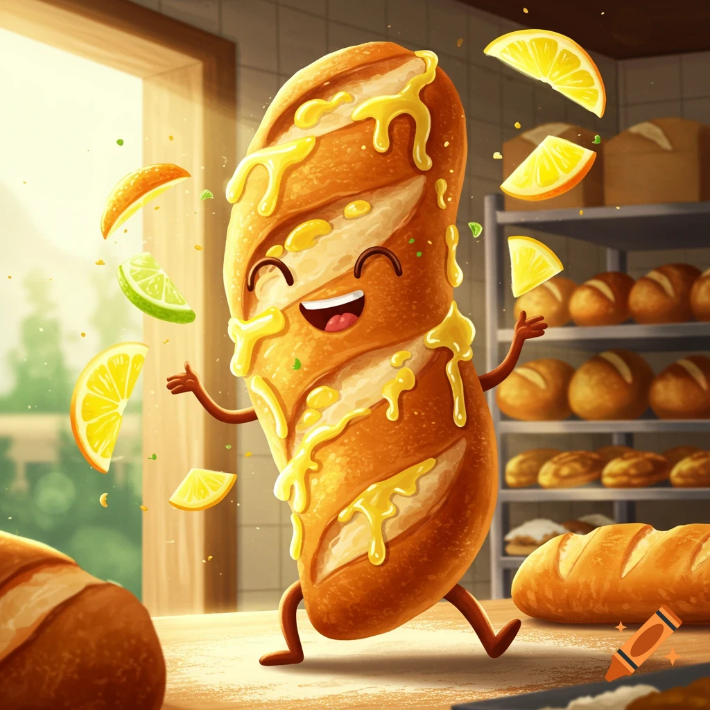A cheerful, anthropomorphic baguette character covered in yellow sauce and citrus slices dances in a brightly lit bakery.