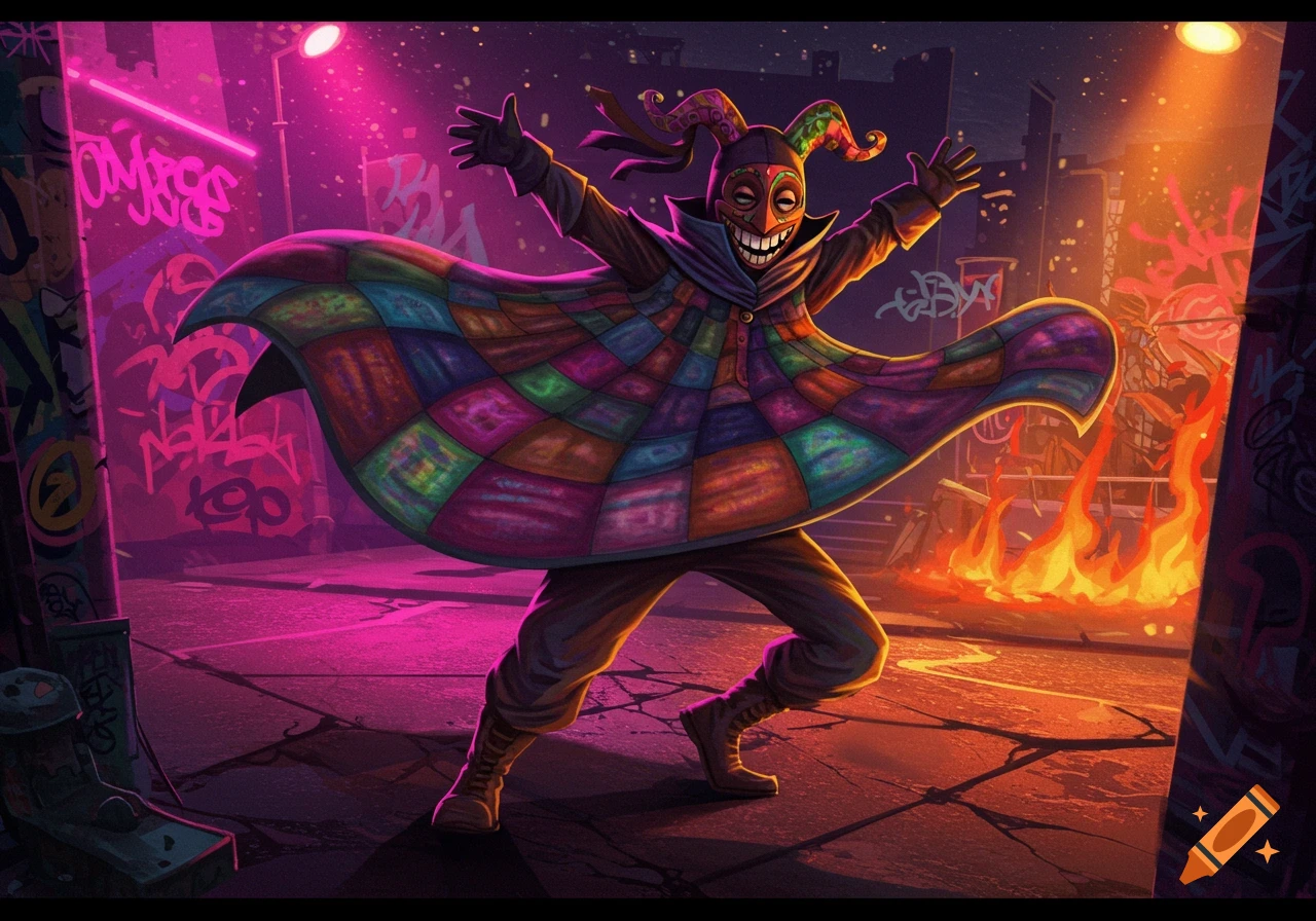 A vibrant illustration of a jester-like character in a colorful patchwork cape on a graffiti-covered night street with fires.