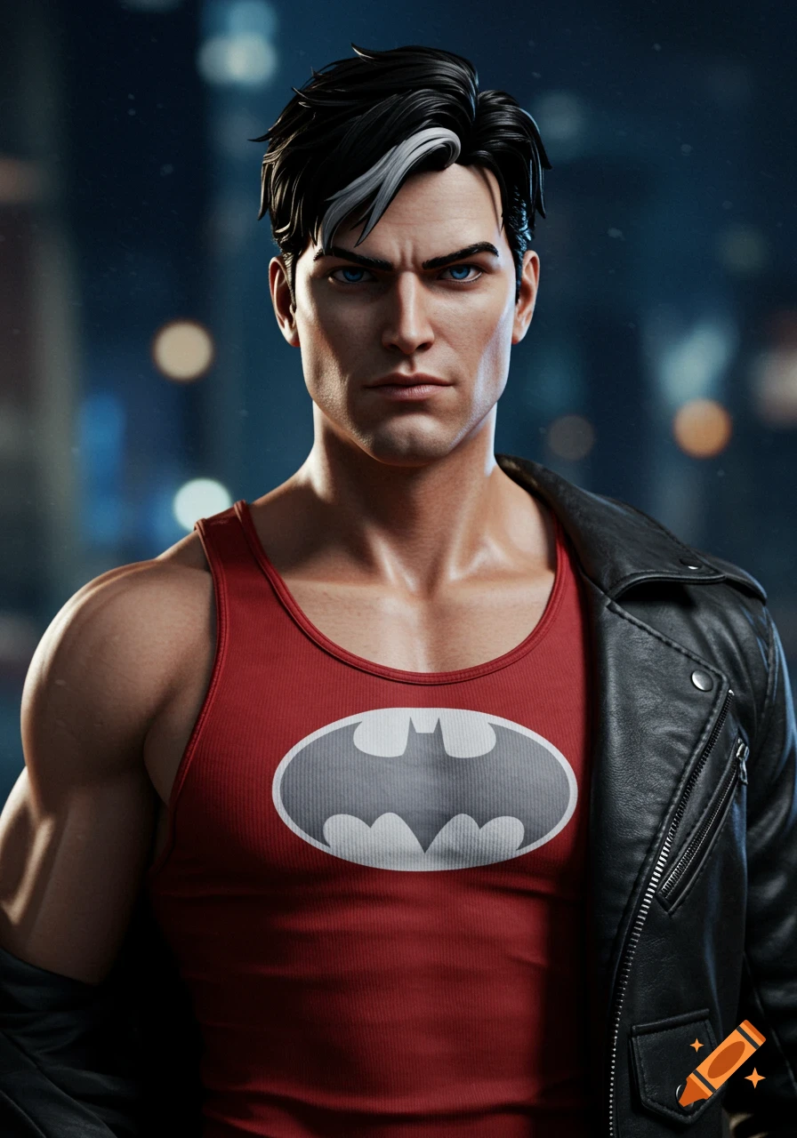A digital art portrait of Jason Todd with black hair and a white streak, blue eyes, wearing a red tank top with a Batman symbol and a black leather jacket.