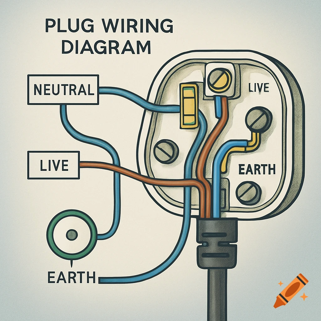 A detailed diagram illustrating the wiring of an electrical plug, showing connections for neutral, live, and earth wires.