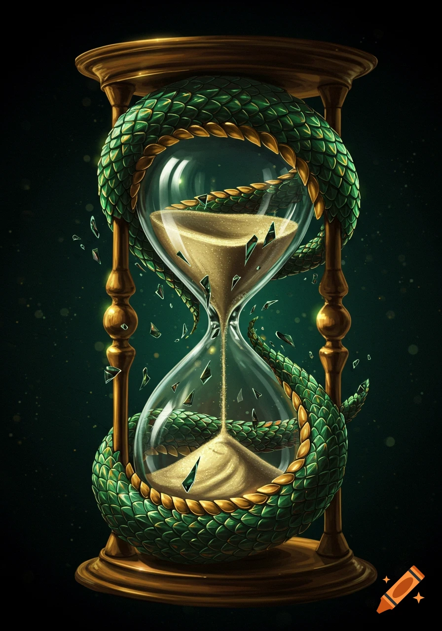 A detailed hourglass wrapped in a green serpent with golden sand falling through the breaking glass.