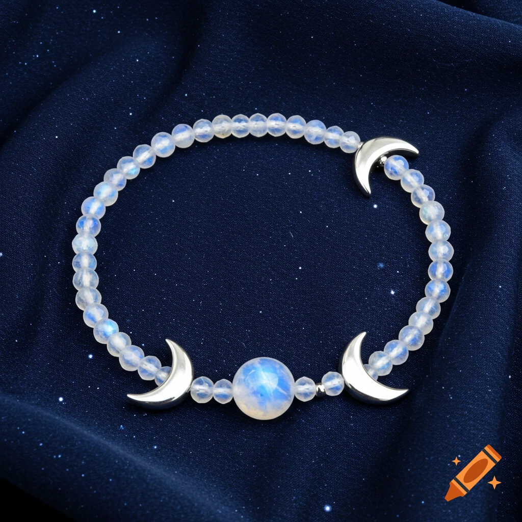 Moonstone crystal bracelet with silver crescent moon charms on a dark blue, star-speckled fabric.