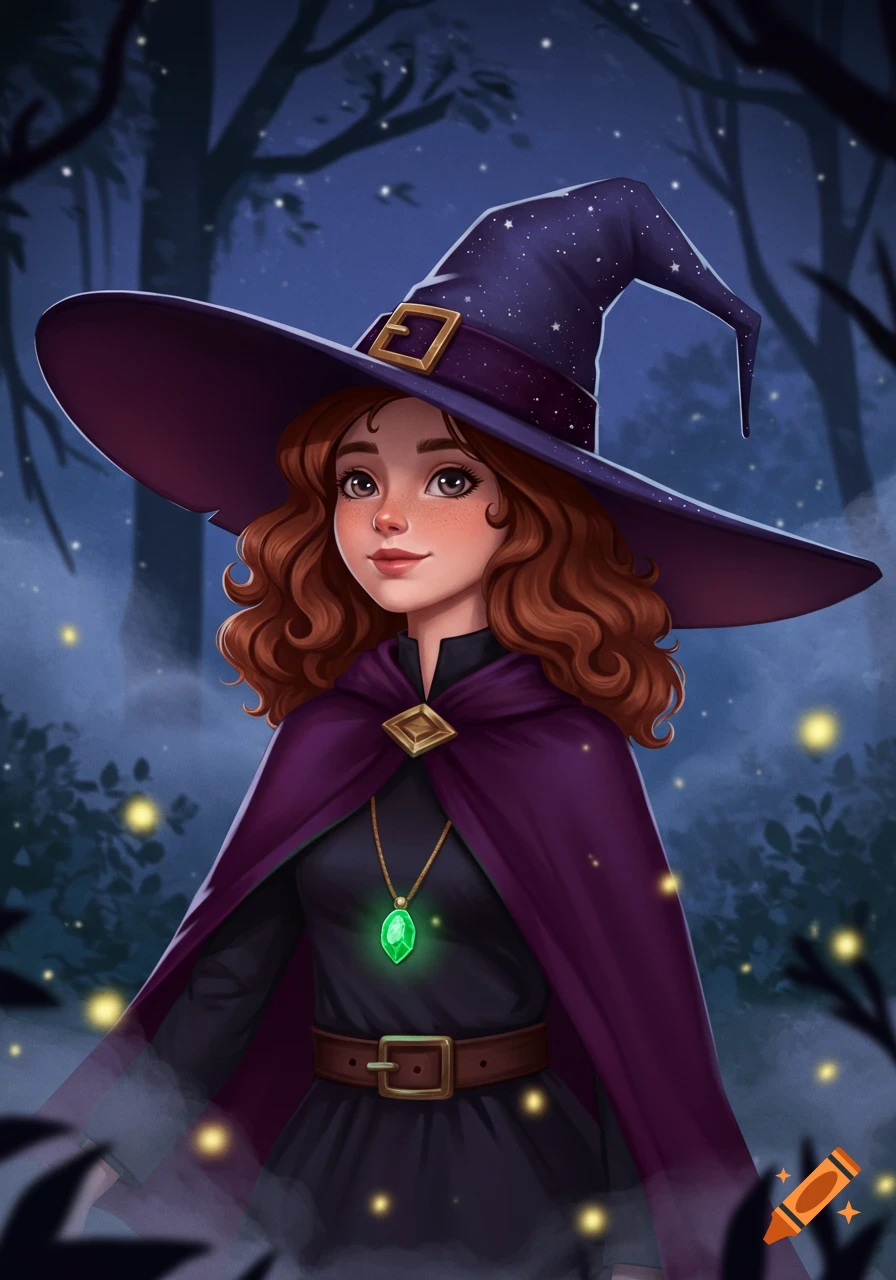 A young witch with red hair and a purple starry hat stands in a mystical forest, wearing a cape and glowing green pendant. Digital art.