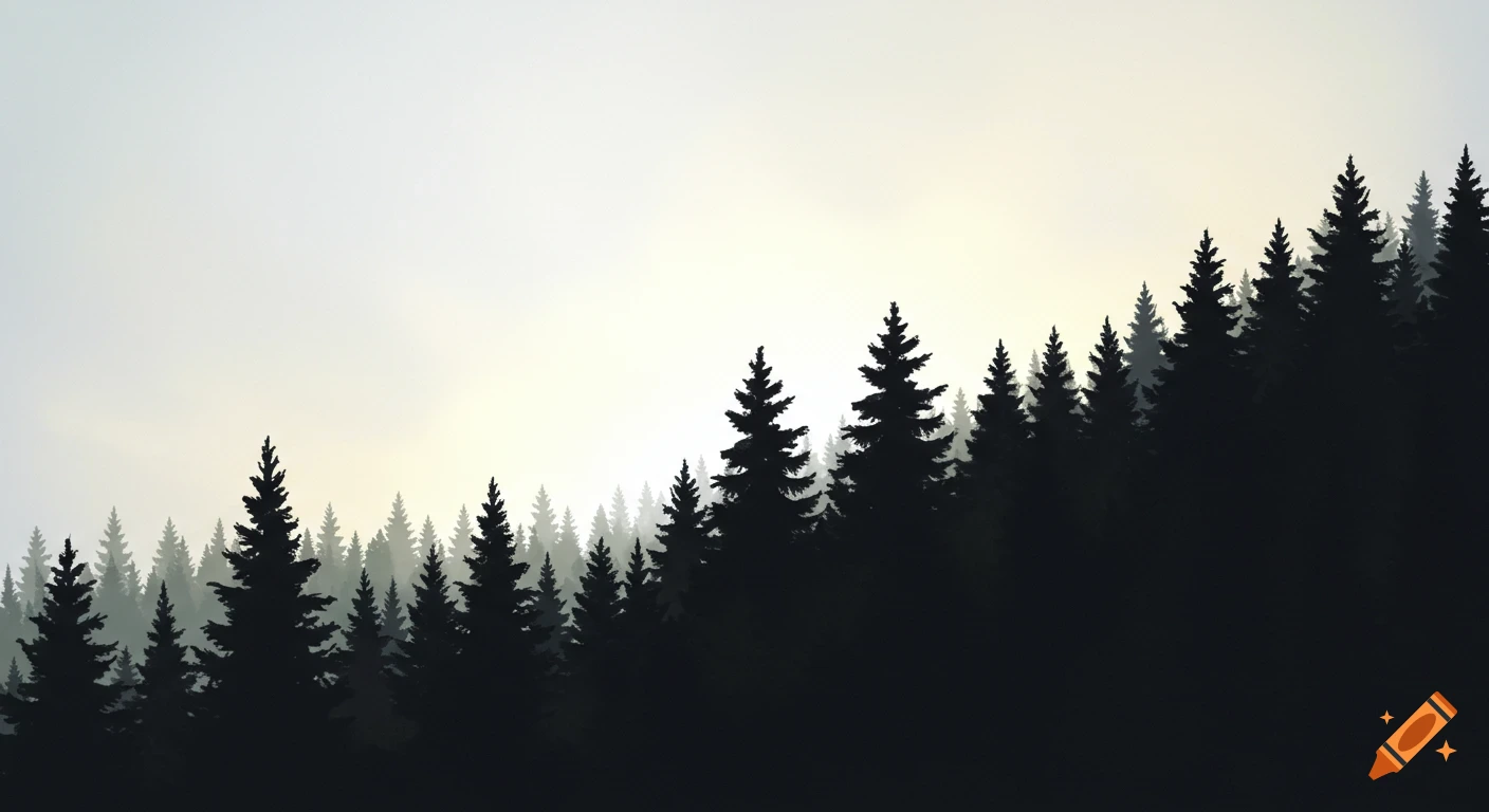 Silhouettes of fir trees on a ridge against a bright sky, fading from yellow to white and grey.