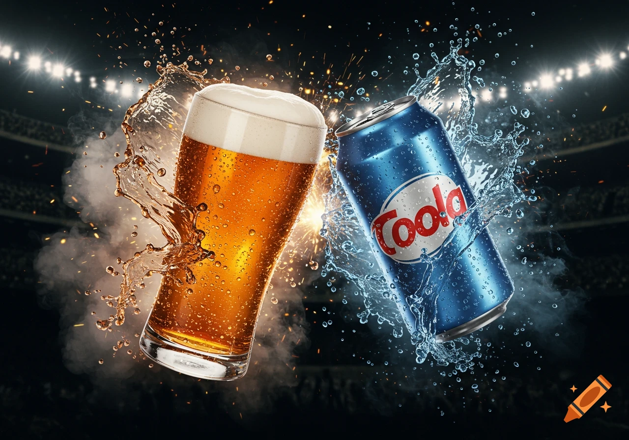 A photorealistic image of a glass of beer and a blue soda can splashing against each other in a dark stadium.