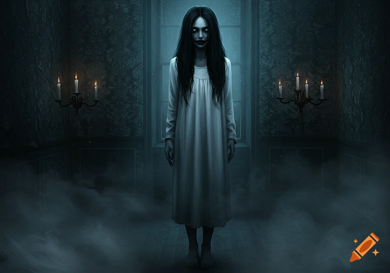 A scary ghost-like woman with long black hair, pale skin, wide eyes and smile, wearing a nightgown, stands in a dark, misty room.