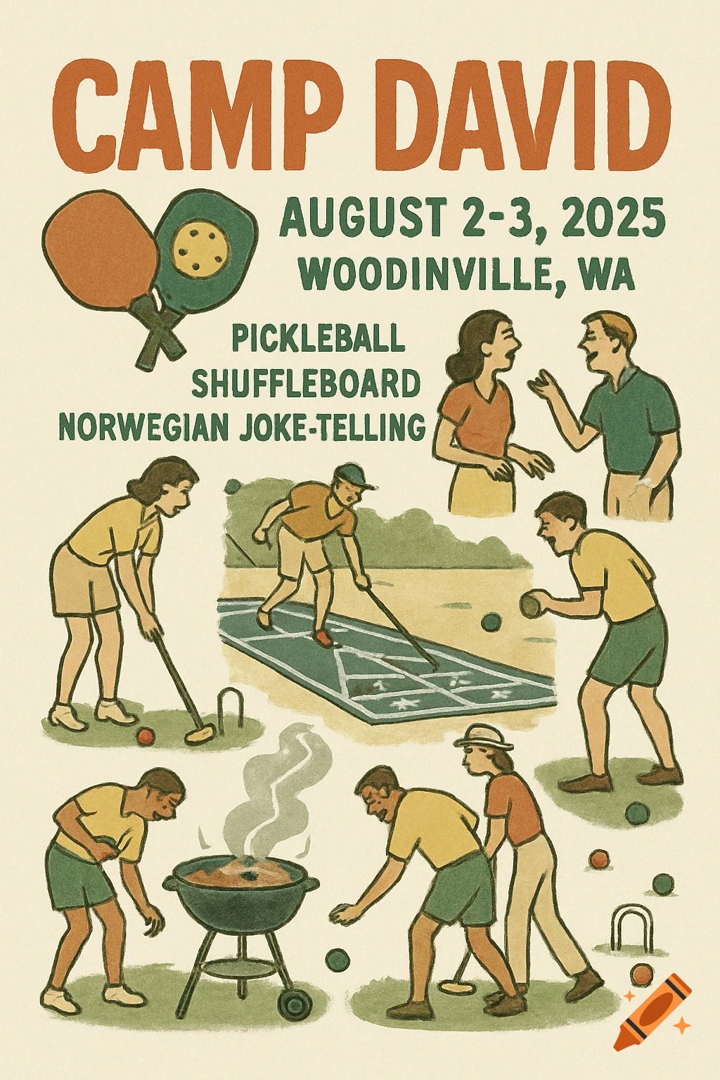 A vintage-style poster for Camp David, August 2-3, 2025, in Woodinville, WA, featuring illustrations of people playing pickleball, shuffleboard, bocce ball, croquet, grilling BBQ, and telling jokes.