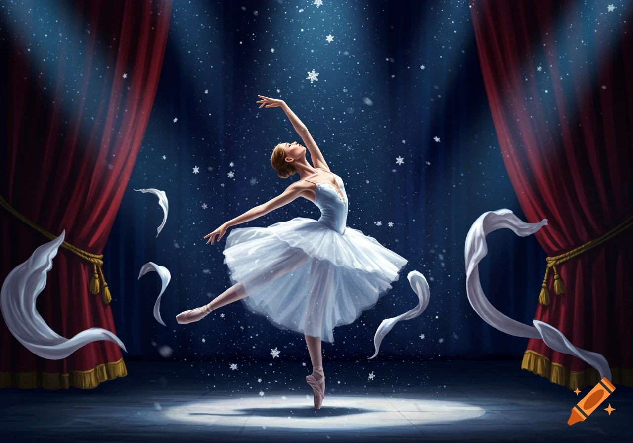 A ballerina in a white tutu balances on pointe under a spotlight on a stage with red curtains and falling snowflakes.