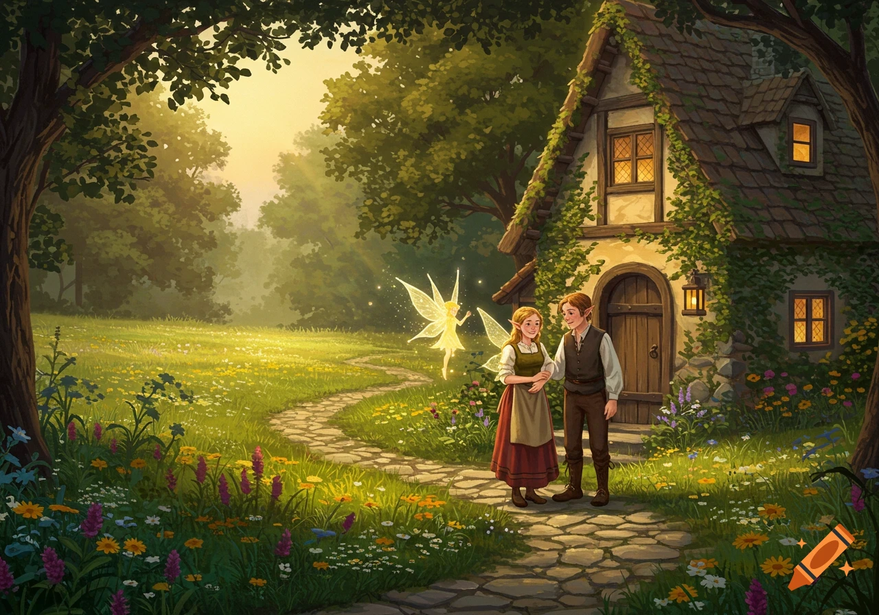 Fantasy illustration of a couple and a fairy outside an ivy-covered cottage in a sunlit meadow.