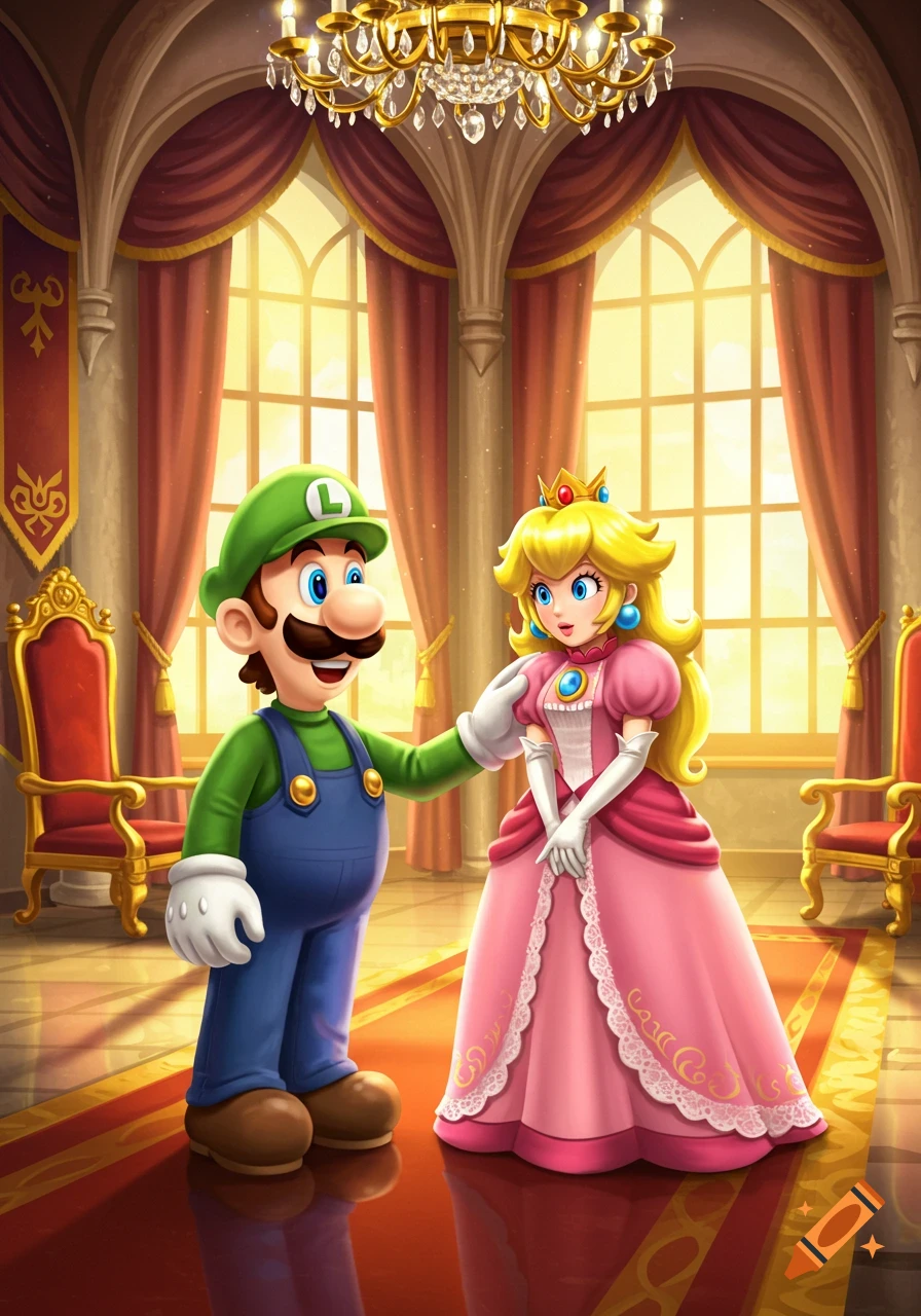 Luigi and Princess Peach stand in a bright, ornate castle hall, with Luigi gently placing a hand on Peach's arm. They appear surprised or pleased.