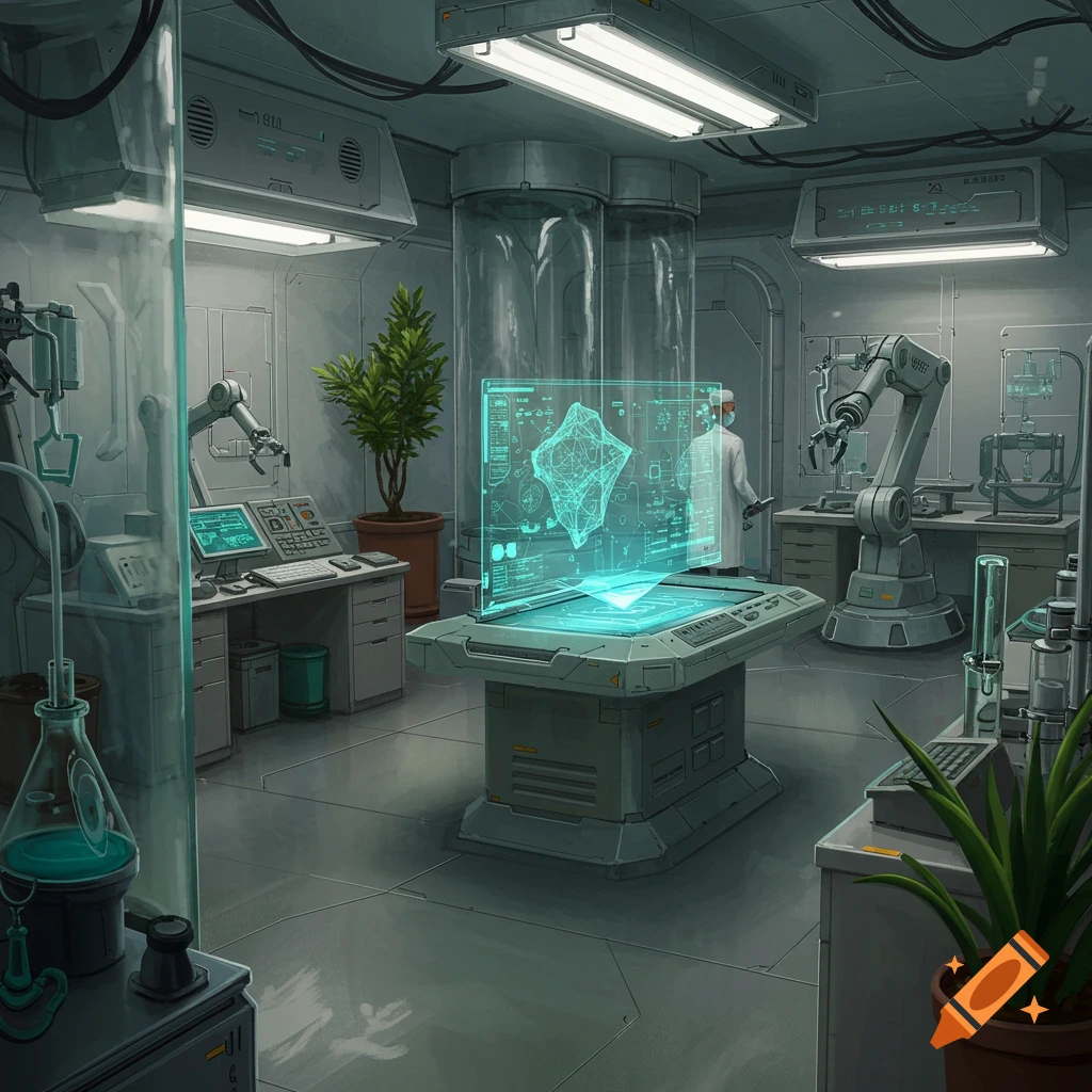 A futuristic science laboratory with a holographic display, robotic arms, and a researcher in the background.