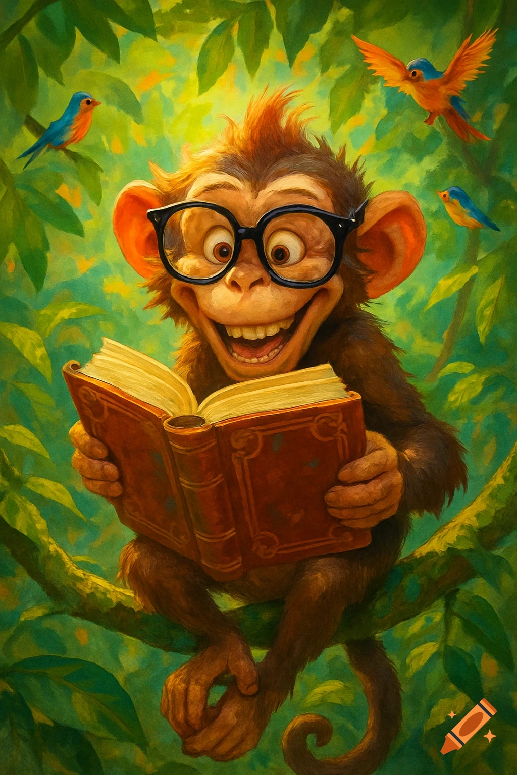 A happy, bespectacled cartoon monkey sits in a lush green jungle, reading an old book. Colorful birds fly nearby.