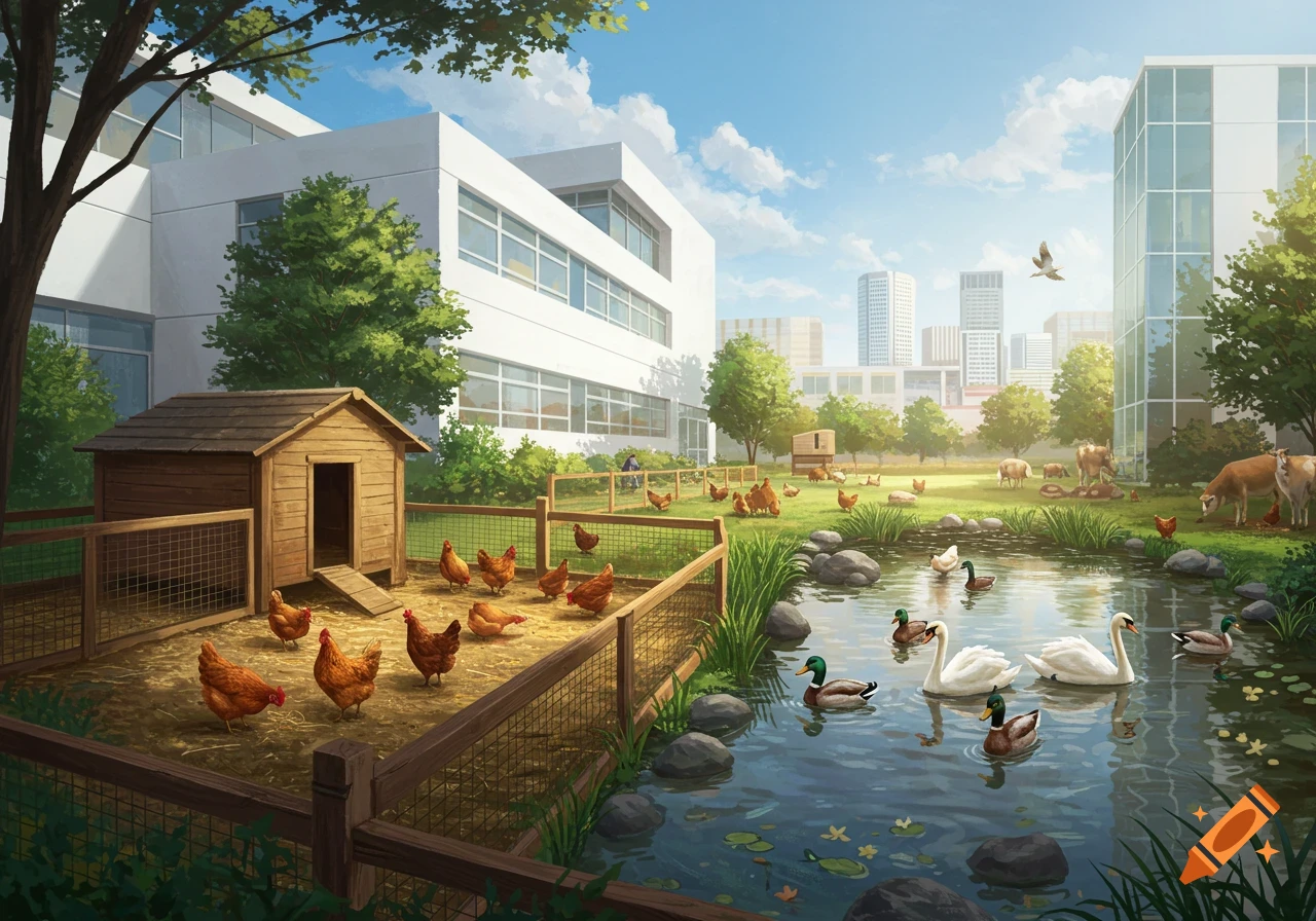 A rural-urban landscape featuring a chicken coop, chickens, ducks, swans, and cows, beside modern white school buildings.