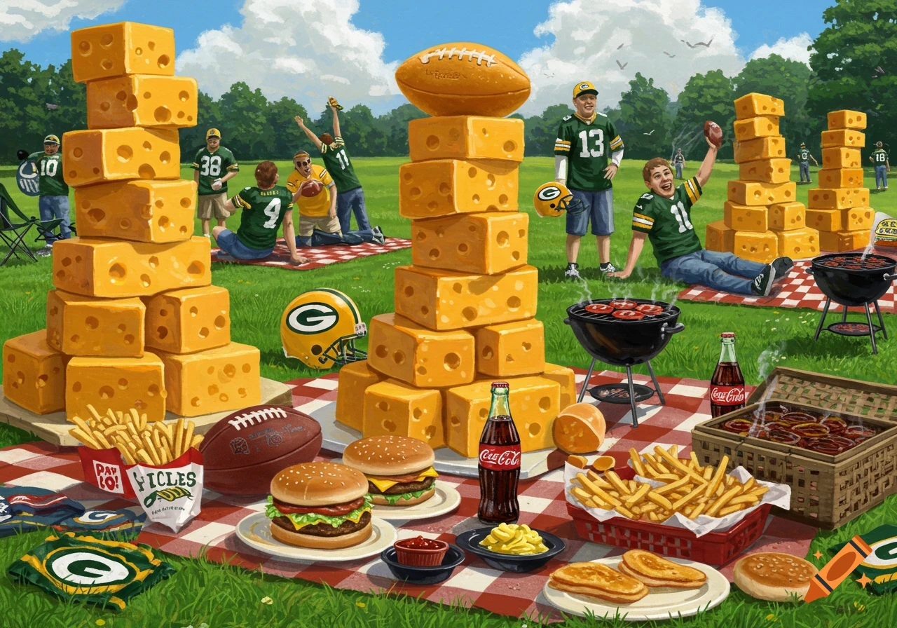 A vibrant illustration of Green Bay Packers fans enjoying a picnic with large cheese stacks, burgers, fries, and sodas.