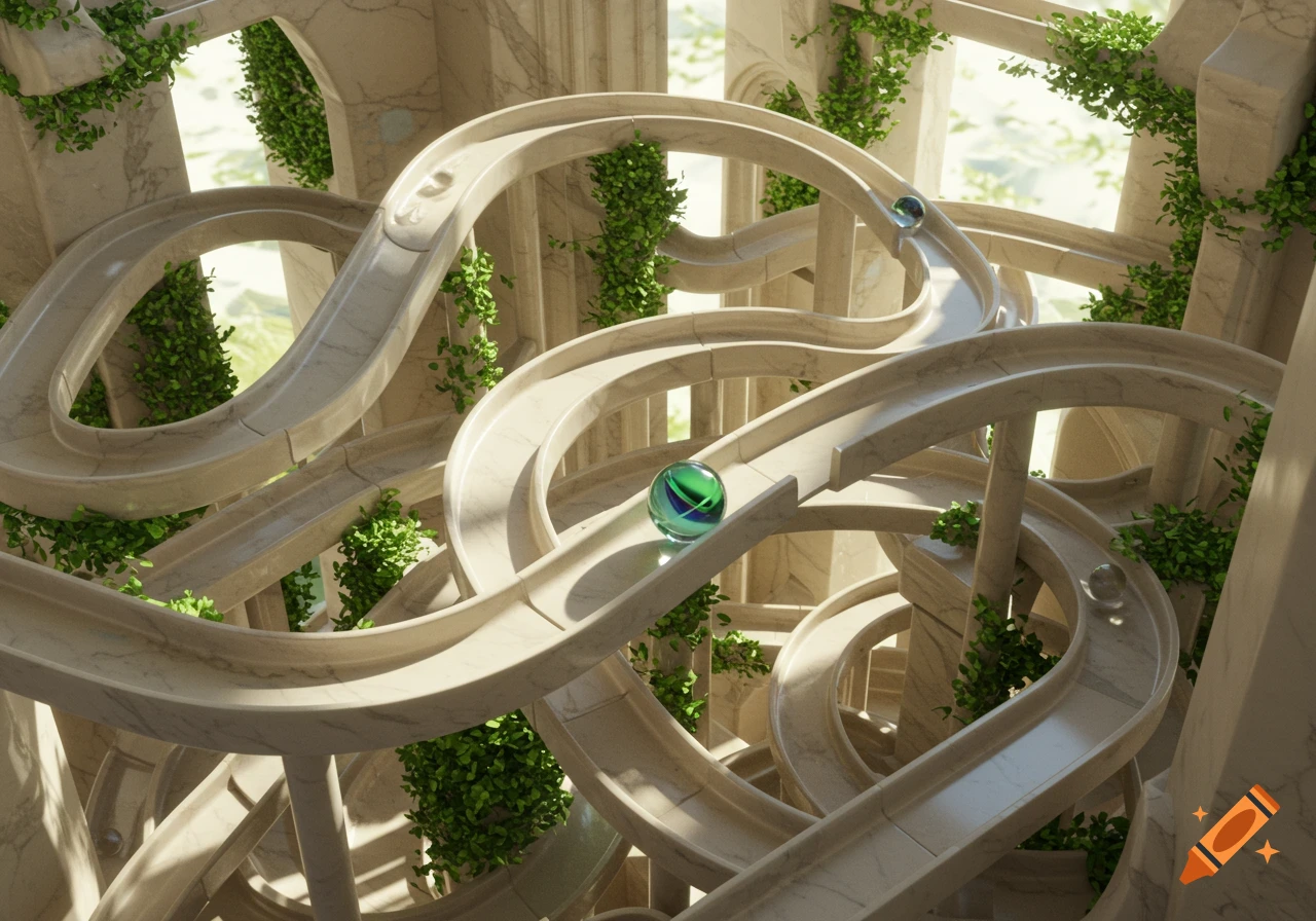 A complex marble run made of light-colored marble winding through an open structure, adorned with green vines, with several marbles on the tracks.