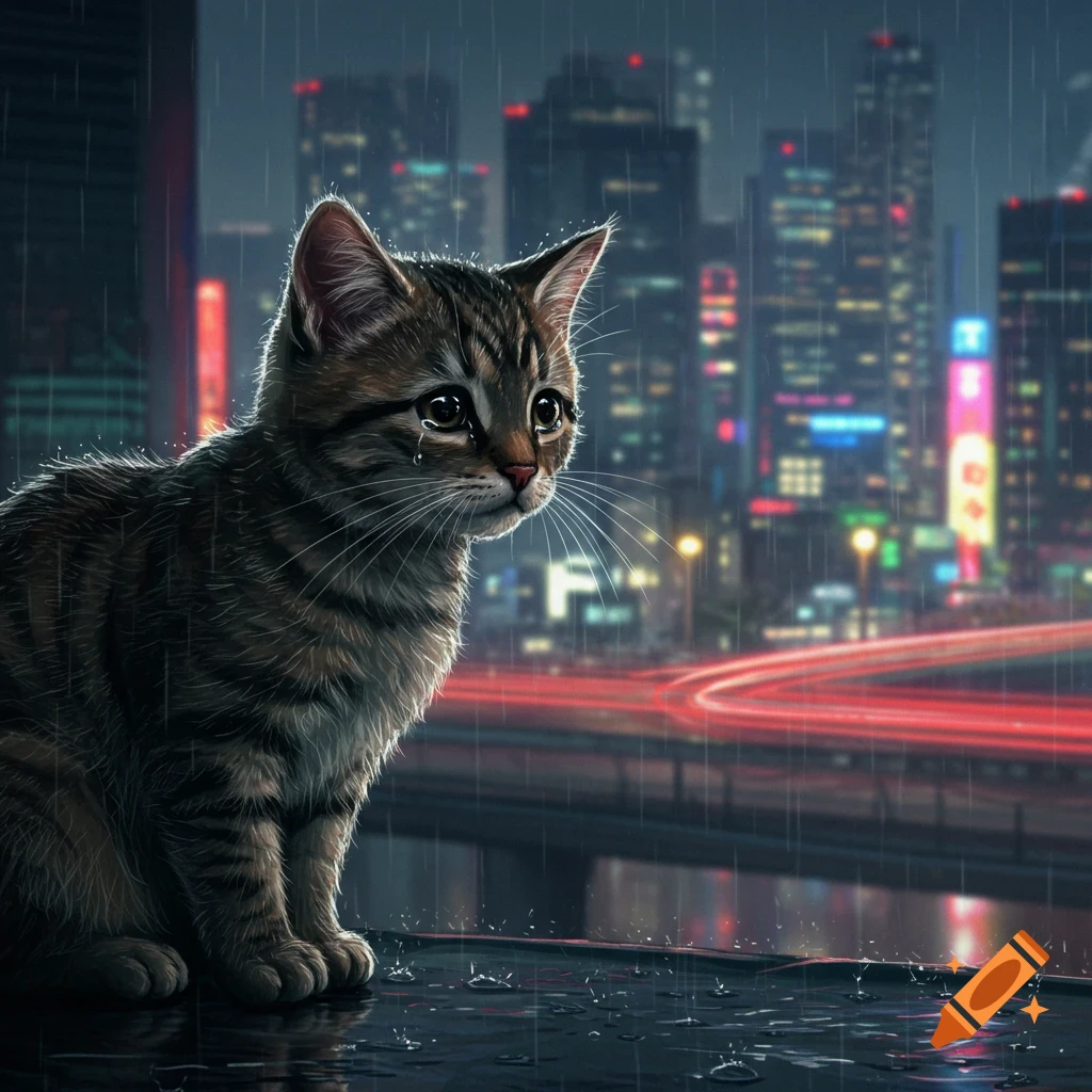 A sad tabby kitten with teary eyes sits in the rain, looking out over a neon-lit city at night.