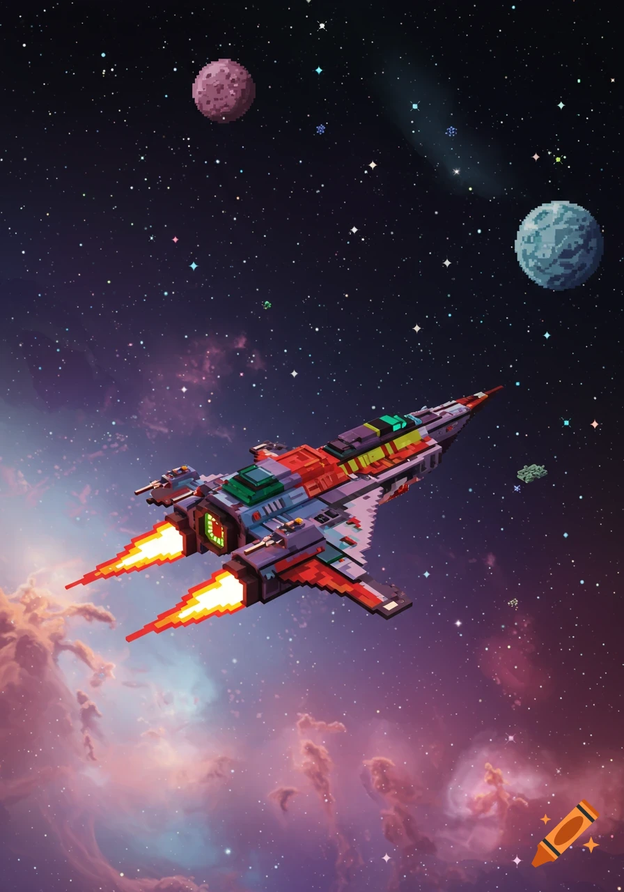 Colorful, pixelated spaceship flying through a star-filled galaxy with planets and nebulae.