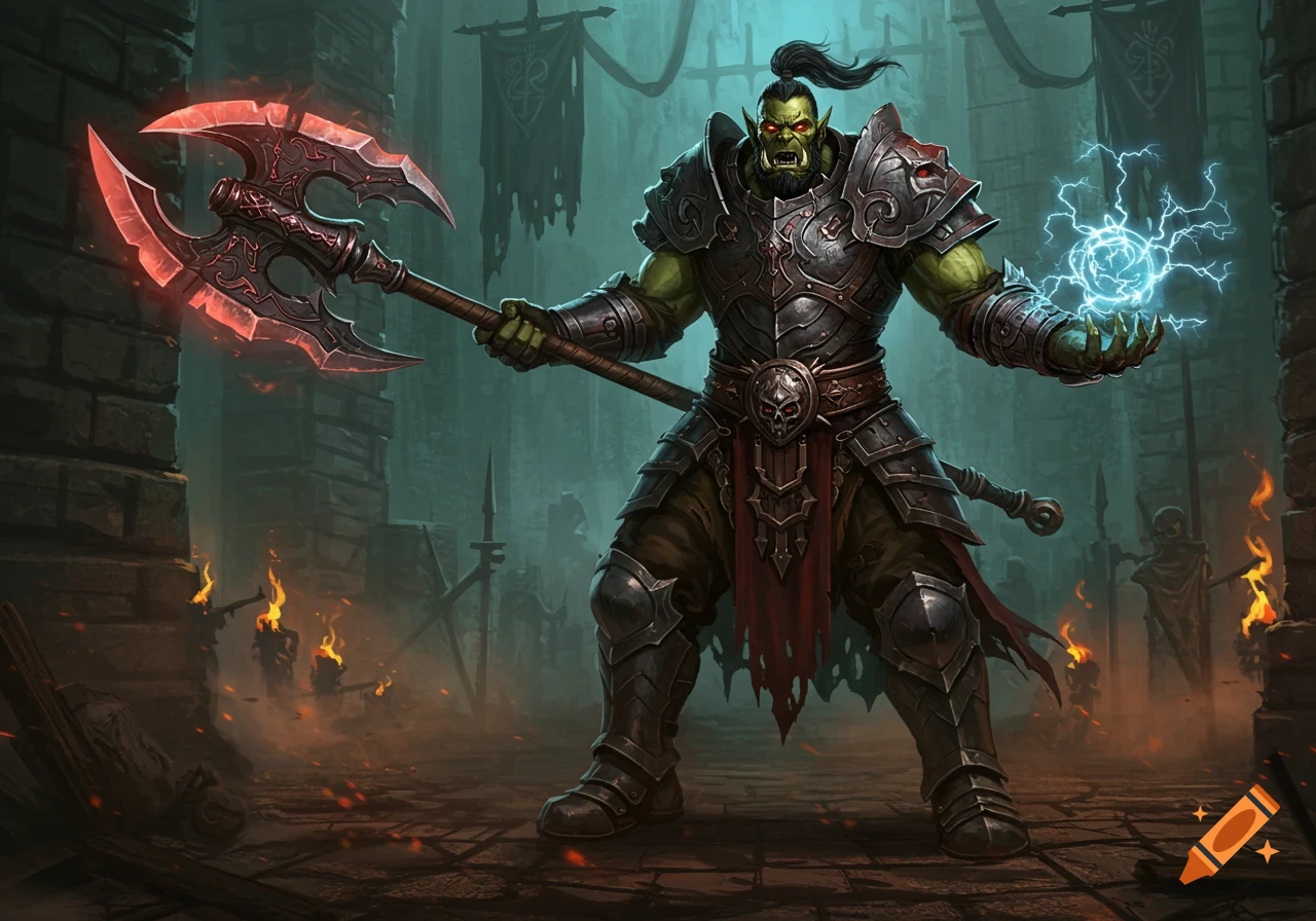 A powerful male orc warlock in dark armor holds a glowing red two-handed axe and casts a blue electrical spell in a dark dungeon.