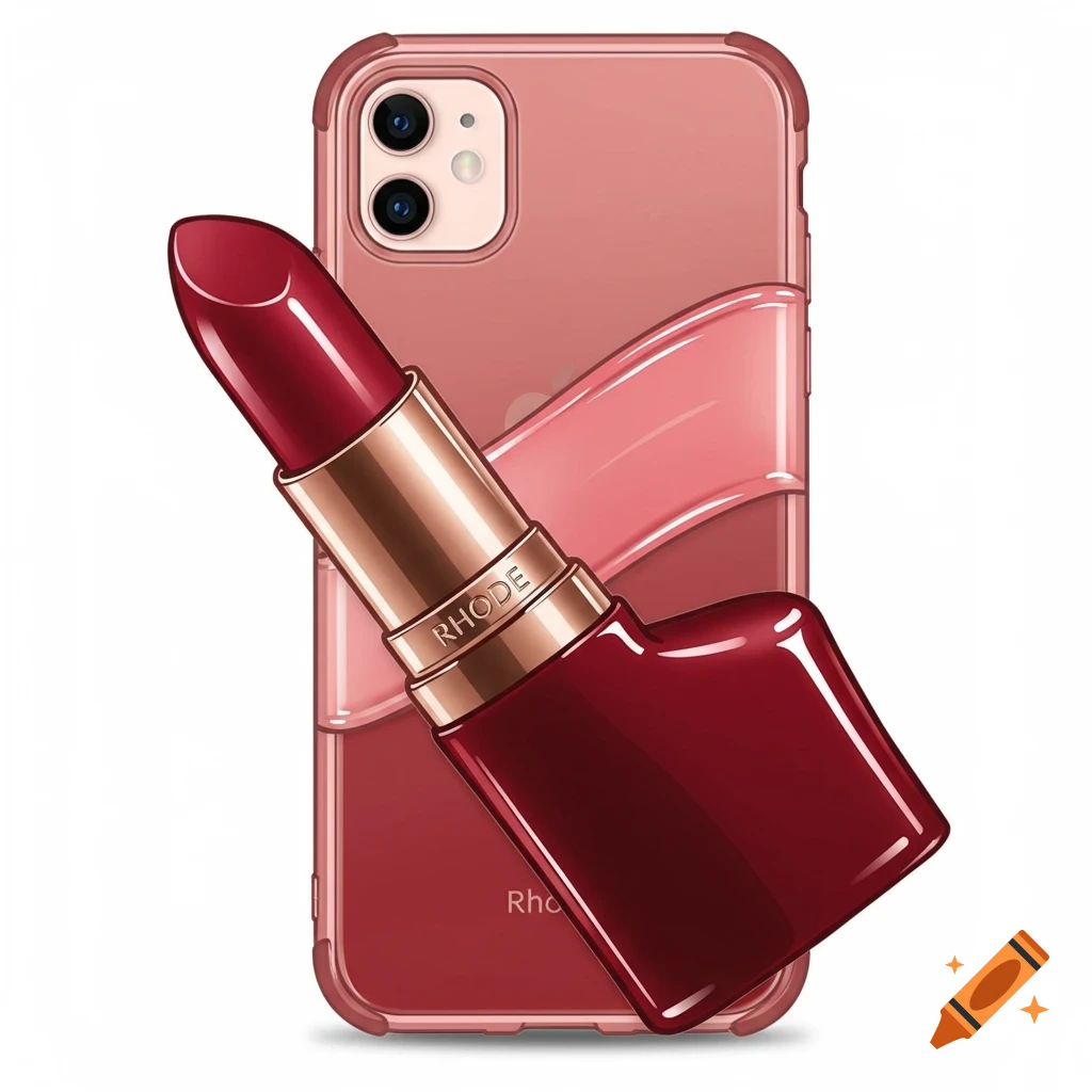 An illustration of a red lipstick diagonally placed in front of a rose-colored smartphone with a clear case.