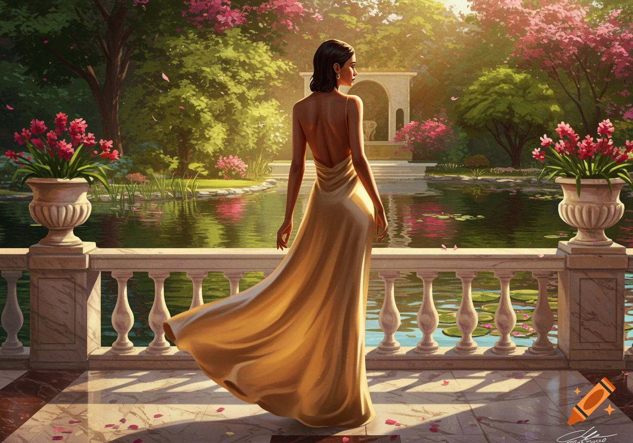 A woman in a golden backless dress overlooks a sunlit lush garden with a pond and pink flowering trees, painted art style.