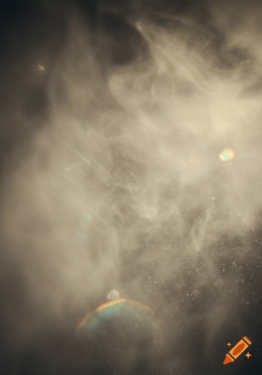 Abstract atmospheric photo of hazy smoke and illuminated dust particles with lens flares.