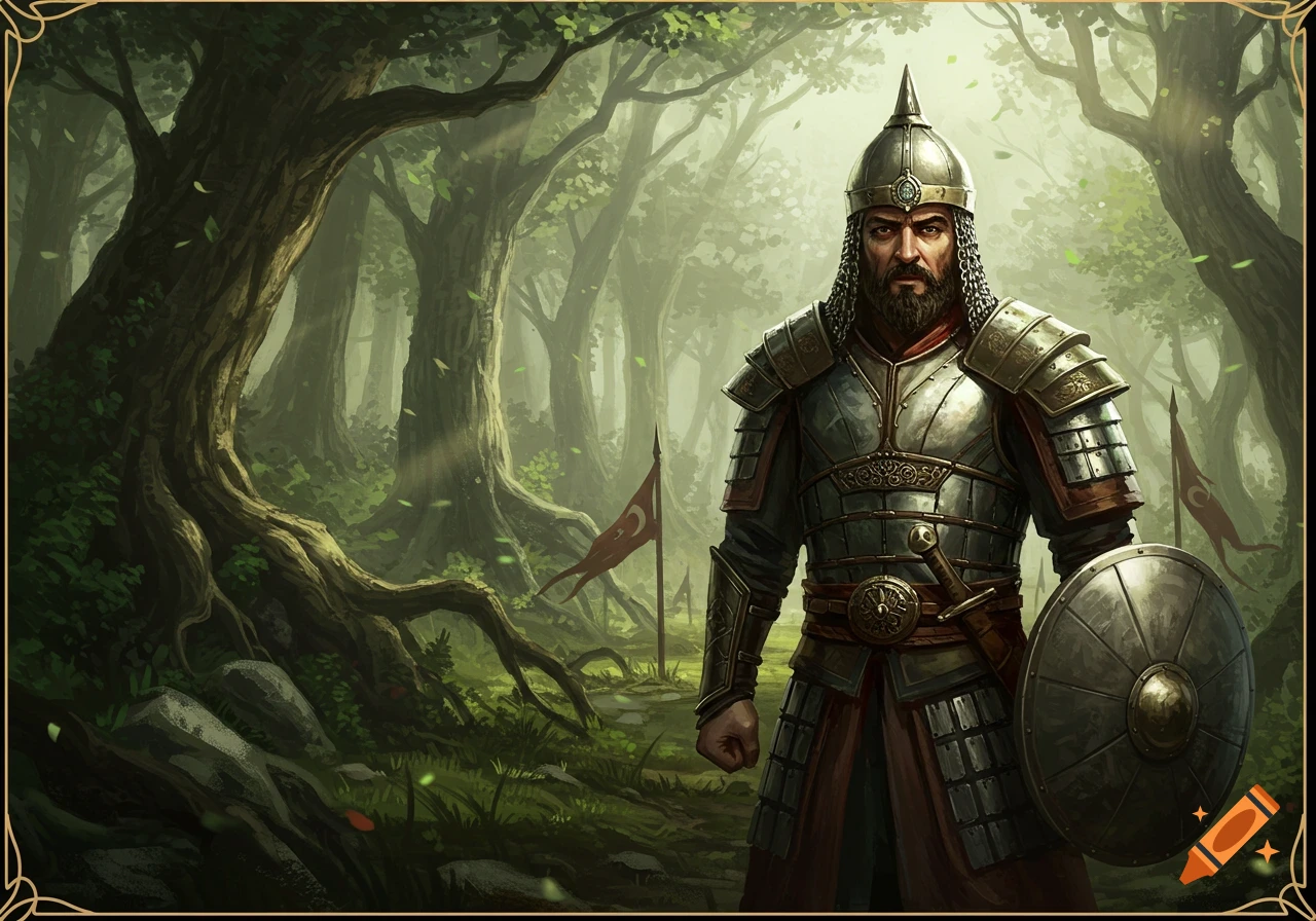 A bearded warrior in detailed armor holding a shield stands in a misty forest with sunlight filtering through trees.
