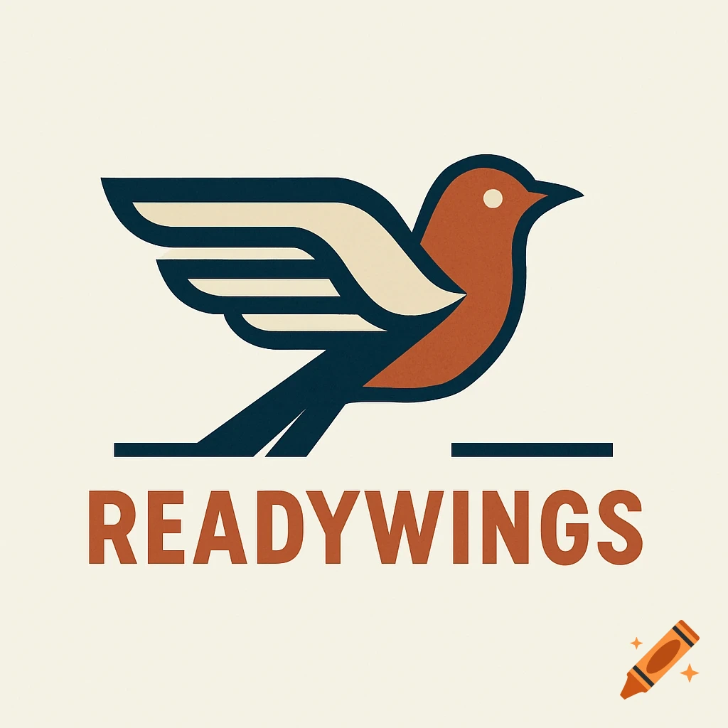 Minimalist retro logo of a stylized bird with spread wings in brown, navy, and cream, above the word 'READYWINGS'.