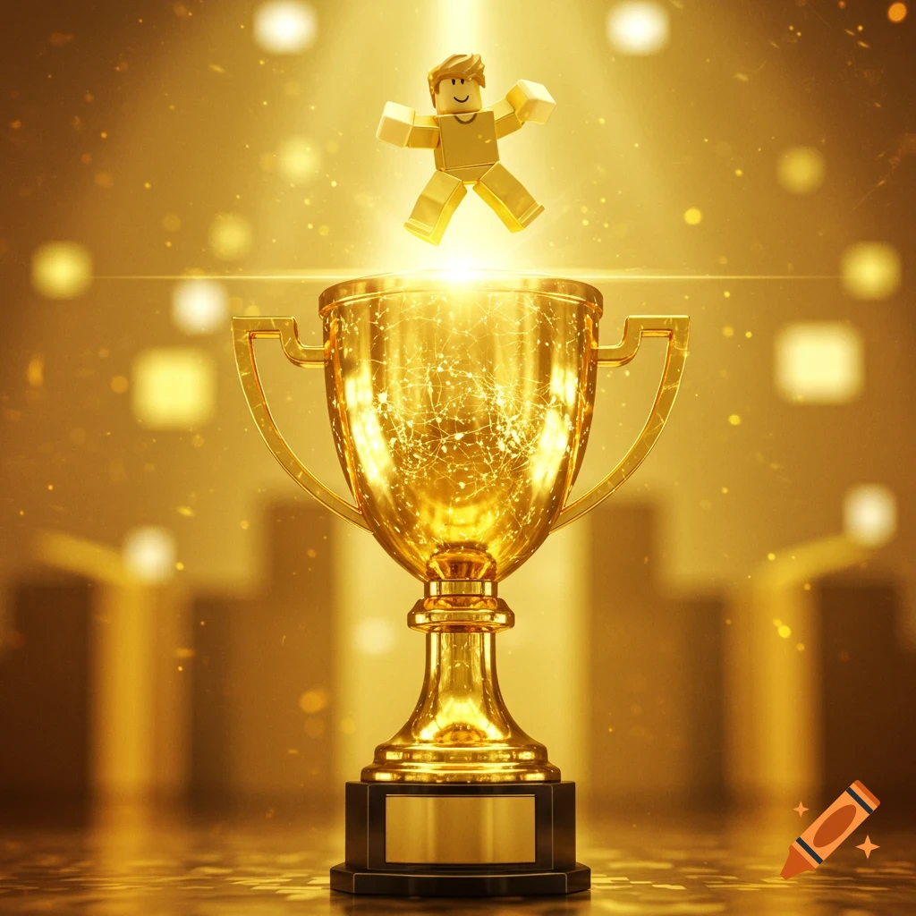 A shimmering golden trophy with a Roblox-like character jumping above it, set against a blurred golden background.