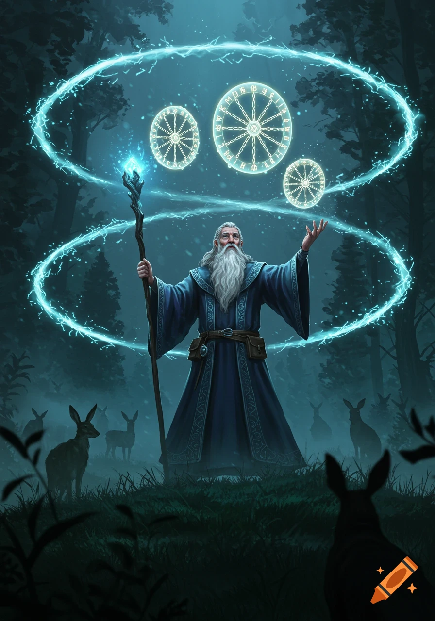 A wizard with a long beard and blue robes casts a spell, surrounded by glowing blue energy rings and arcane wheels, in a dark forest with deer.