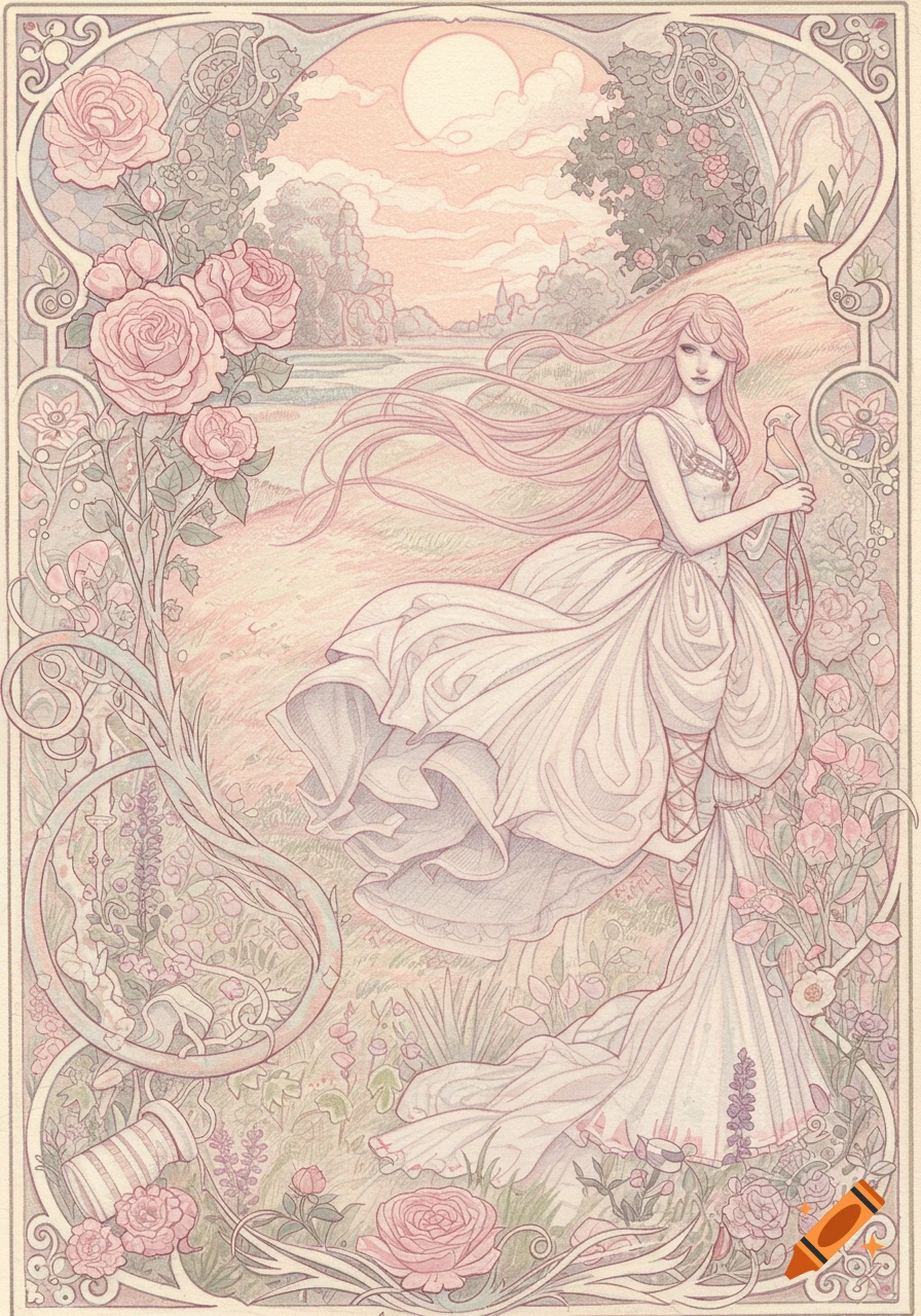 An Art Nouveau illustration of a woman with long flowing hair, wearing a white dress, standing in a field of pink roses under a soft sky.