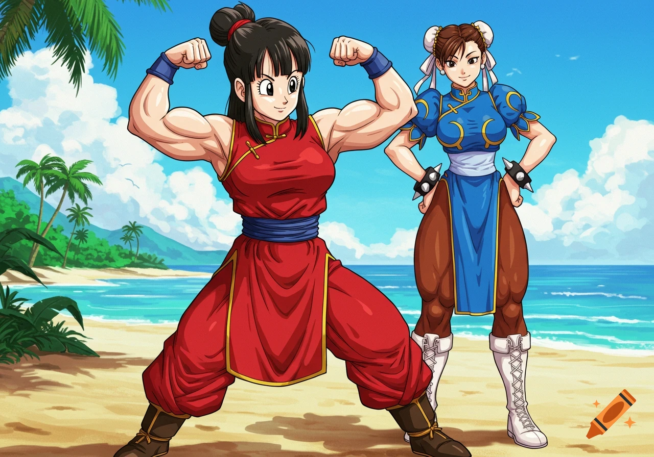 Chi Chi from Dragon Ball Z flexing muscles next to Chun Li from Street Fighter on a beach, anime style.